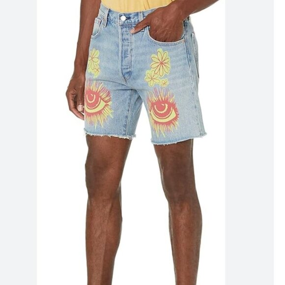 Levis Premium Women Premium 501 93 Floral Print Raw Hem Short Denim Size W 39 L - Picture 14 of 14